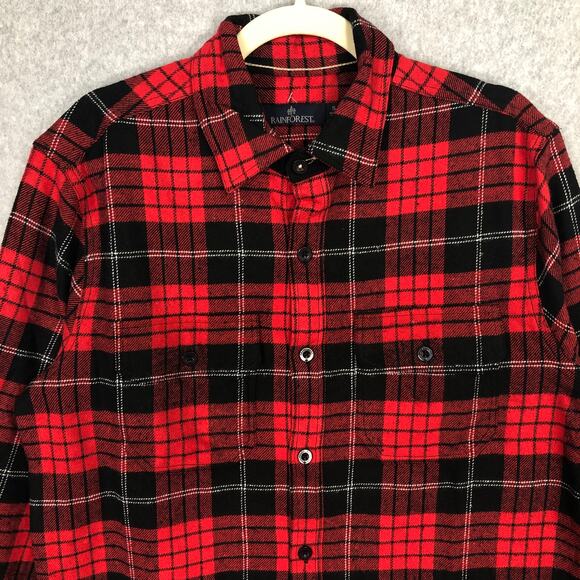 Rainforest Flannel Shirt Mens Small‎ Red Black Plaid Cotton Brushed Heavyweight - Picture 2 of 9